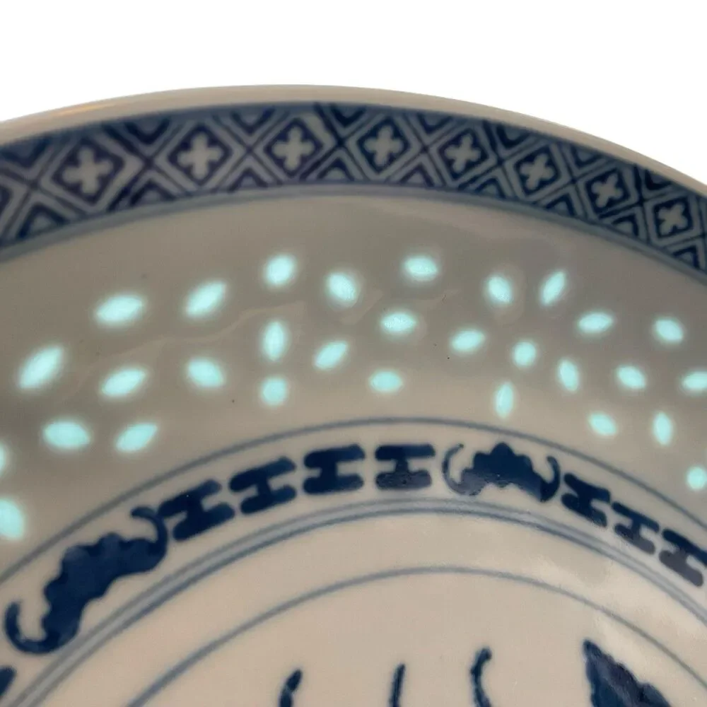 Chinese Rice Grain Serving Bowls Blue & White 8.5” Set Of 2